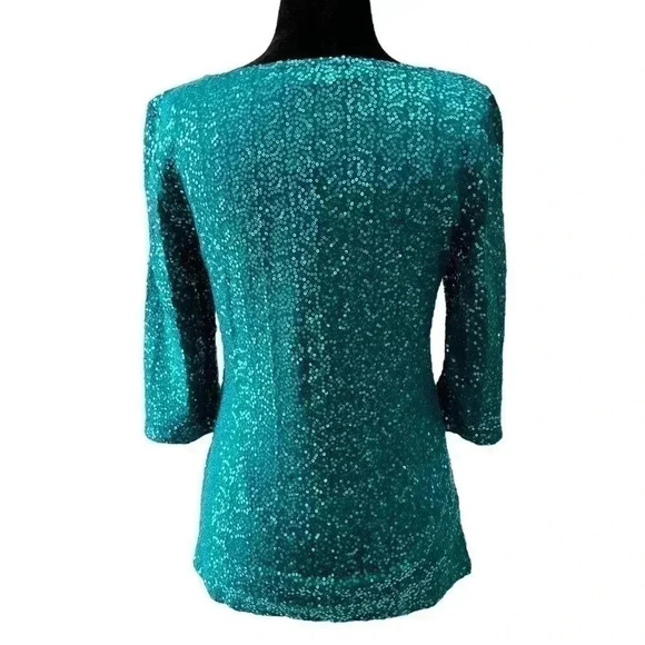 Reitman’s Sparkly Sequin Dressy Top  Scoop Neck 3/4 Bracelet Sleeve Teal XS NEW - Picture 3 of 16